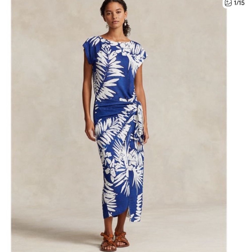 Polo Ralph Lauren Linen Jersey Faux-Wrap Maxi Dress Blue White Palm Print Small